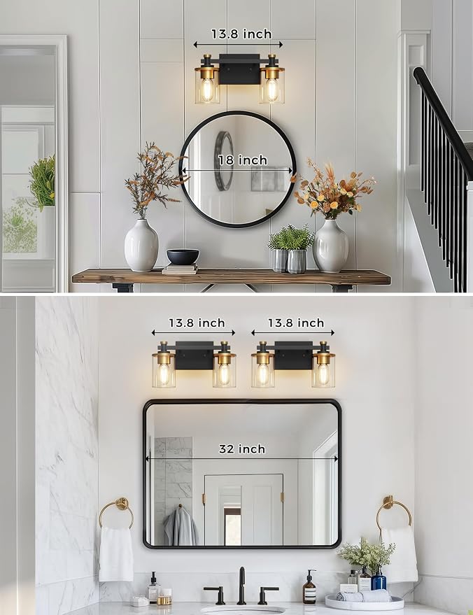 Bathroom Light Fixture, Bathroom Vanity Light Over Mirror, 2-Lights | Vanity Lights for Bathroom, Modern Lighting Fixtures with Clear Glass Shade, Black and Gold Vanity Lights, ETL Listed