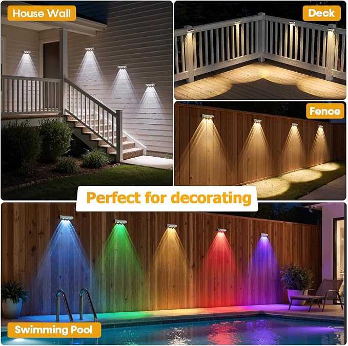 Solar Fence Lights, 12 Pack LED Outdoor Solar Deck Lights with Lenses, RGB Color, IP65 Waterproof, Solar Lights for Outside, Wall, Patio, Railing, Yard (White)