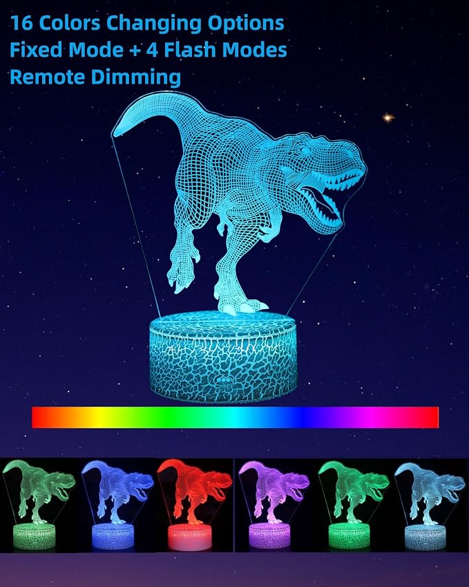 Dinosaur 3D Illusion LED Night Light, 5 Patterns, Kids Lighting | 16 Colors Changing, Dimmable, Smart Touch & Remote Control, Bedroom Room Décor Lamp, Gift Jurassic Toy Toddler Teen Boy Girl