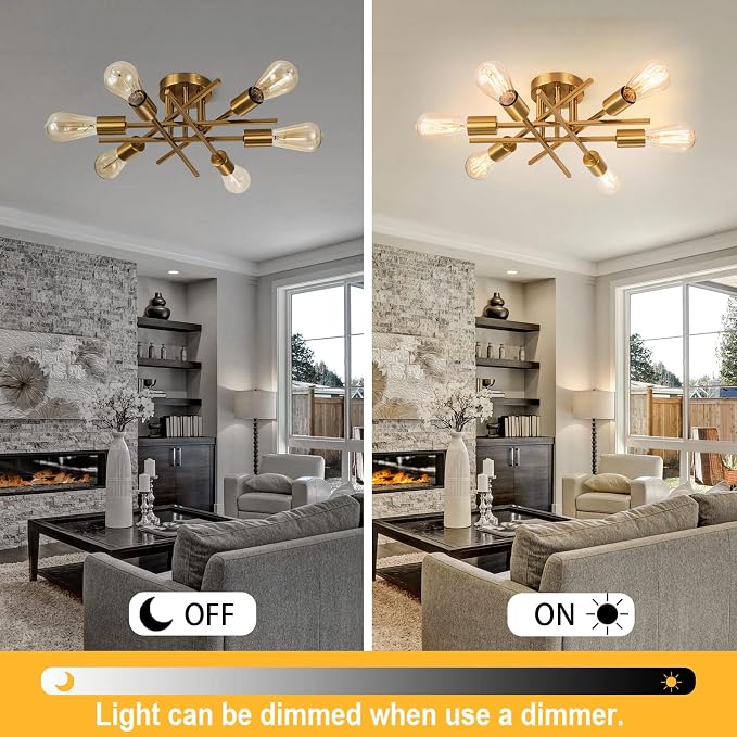 Sputnik Chandeliers, Modern Semi Flush Mount Ceiling Light with E26 Base, Mid Century Industrial Kitchen Farmhouse Light Fixtures for Bedroom Living Room (Brass, Ceiling 6 Lights)