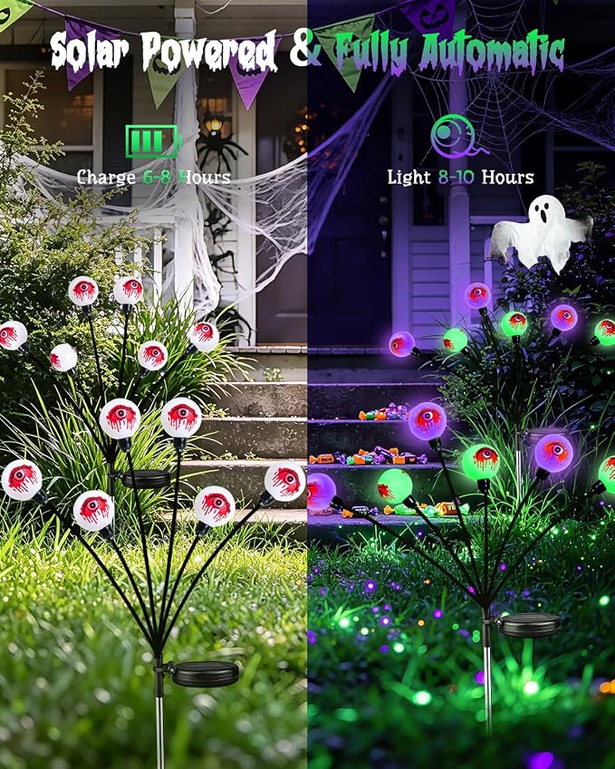OZS 6 Pack 36 LED Solar Eyeball Lights for Outdoor Halloween Decorations | Purple & Green Solar Halloween Lights, Bleeding Eyes, Swaying by Wind, IP65 Waterproof, 2 Modes for Pathway Garden Yard Decor