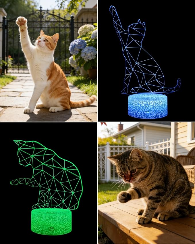 Cat 3D Illusion Night Light, Cute Kitten Gift, 2 Patterns | 16 Colors Changing, Dimmable, Touch & Remote Control, Boy Girl Bedroom Décor Lamp, Birthday Christmas Toy for Kid Lover Women