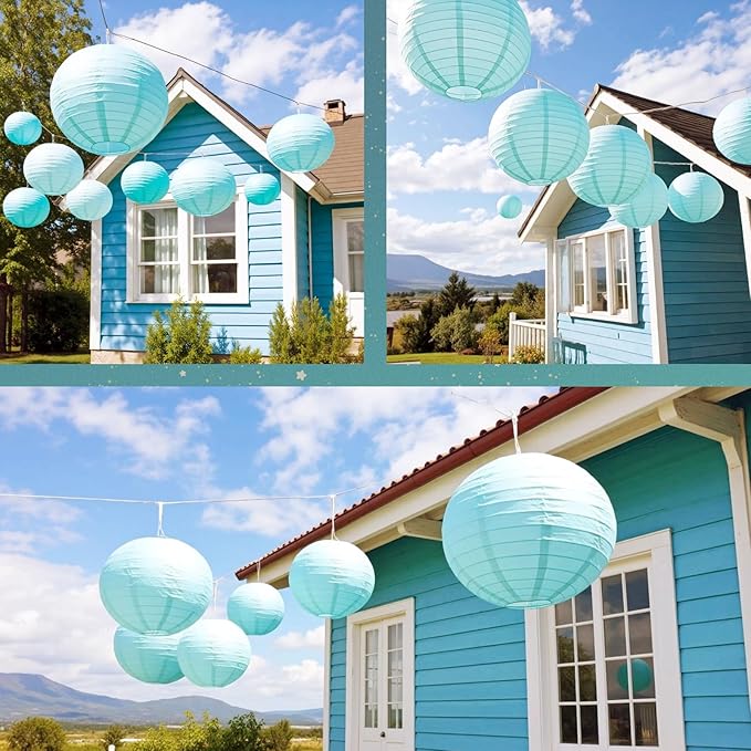 Chinese Paper Lanterns for Birthday Party Decorations – Hanging Rainbow Lanterns for Ceiling Decor, Classroom, Wedding, and Home Party – Pack of 18,Light Blue(8/10/12-Inch)