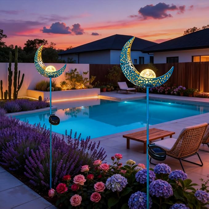 Moon Solar Garden Lights Outdoor Stakes, Waterproof Crackle Glass Metal Yard Lights for Lawn, Patio Accessories, Backyard Decor, Birthday Gifts for Mom
