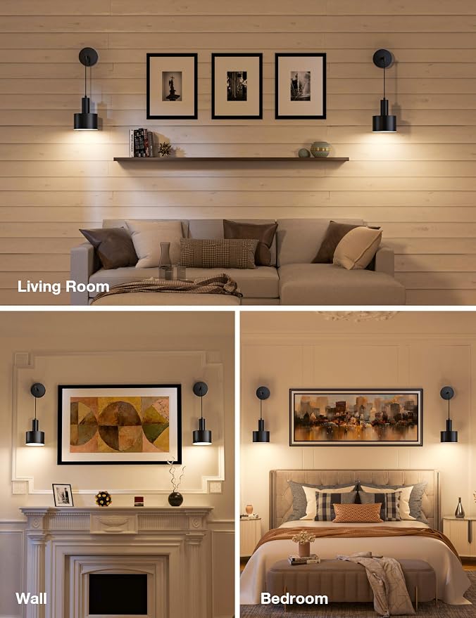 Battery Operated Wall Sconce Set of 2, Black Wireless Rechargeable Wall Lights with 5200mAh Dimmable Detachable Bulbs and Remote, 9 Colors Sconces Wall Decor for Bedroom Living Room Hallway