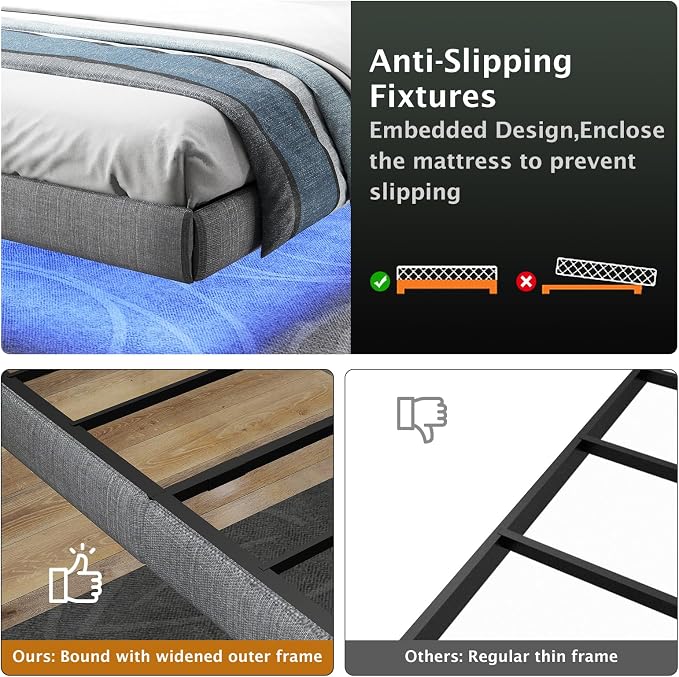 RVONOW Floating Bed Frame Queen with LED Lights, Under Bed Storage, Grey | Metal Platform Queen size Floating Bed Frame, Heavy Duty Steel Slats Support, No Box Spring Needed, Noise Free, Easy Assembly