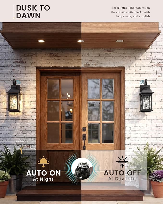 FEMILA Dusk to Dawn Outdoor Front Porch Light, 15" Exterior Waterproof Wall Light Fixtures, Matte Black Finish with Hammered Glass, E26 Socket, 4FD54B-PC BK-SD