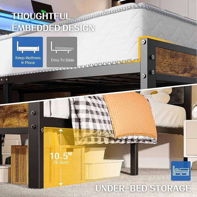 Liians Twin Size Bed Frame with LED Lights, Grey Upholstered Headboard | Platform Bed with 2-Tier Storage Shelf, Charging Station, Noise Free, No Box Spring Needed, Easy Assemably
