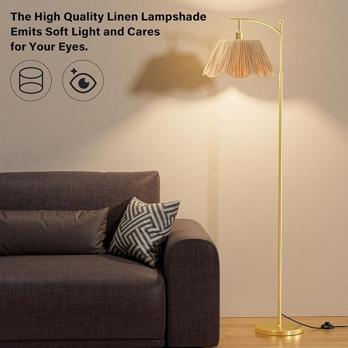 60" Floor Lamps for Living Room with 3 Color Temperatures, Gold Floor Lamp with Rattan Shade, Modern Tall Lamps for Bedroom Office, 9W LED Bulb Included