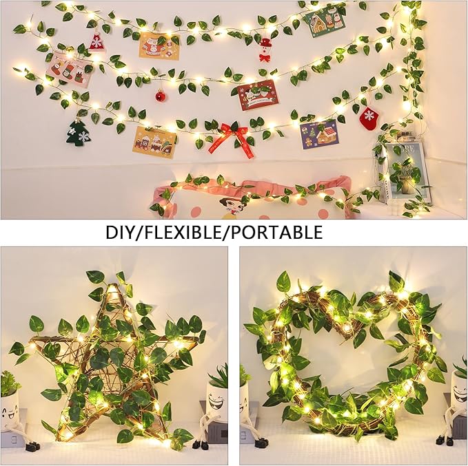 Vines with Lights Battery Operated, 6.56ft 20 LED Pothos with Fairy Lights, Leaf Lights with 8 Modes, Fake Vines Ivy String Lights for Bedroom, Wall, Room, Garden, Party Decor, 8 Pack