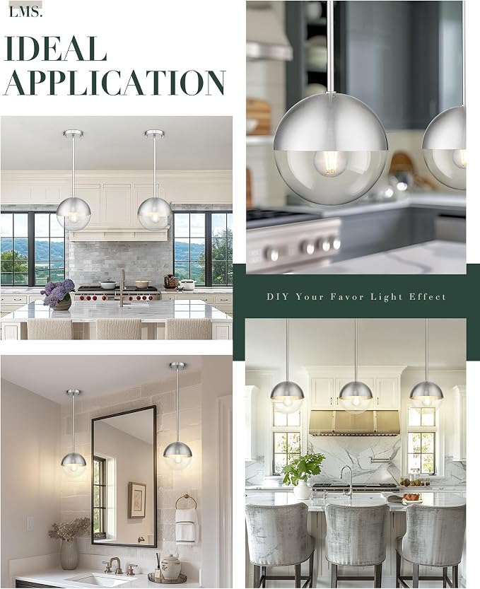Modern 1-Light Pendant Light Fixtures, Brushed Nickel Kitchen Island Pendant Light Fixtures with Clear Globe Glass, Adjustable Hanging Rod Ceiling Light for Dining Room Bathroom, LMS-186BNC