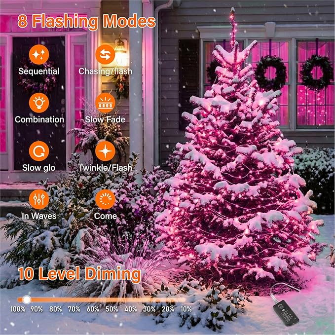 ZSJWL Rechargeable Fairy Lights with Remote，66ft 200 LED Outdoor Battery String Lights with DIY Timer & Light Sensor, Waterproof Dimmable Twinkle Light for Tree Christmas Indoor, Pink