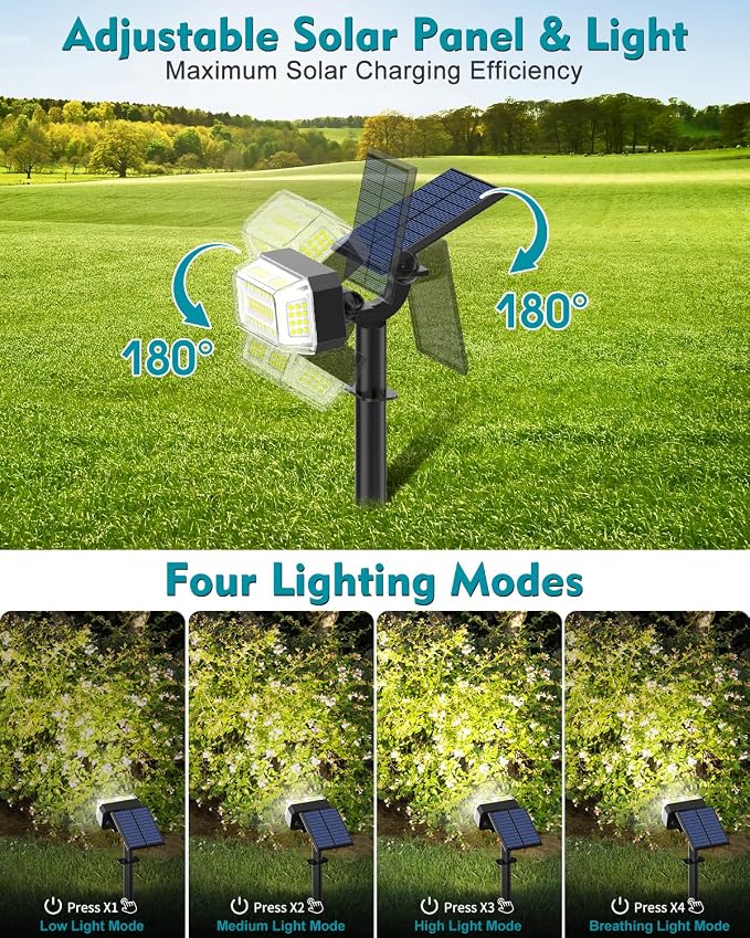 102 LEDs Solar Spot Lights Outdoor, 6 Pack Cool White Solar Spotlights | 4 Modes, Waterproof IP65, Adjustable Light & Panel Landscape Flood Powered Lights for Yard Garden Pathway Wall