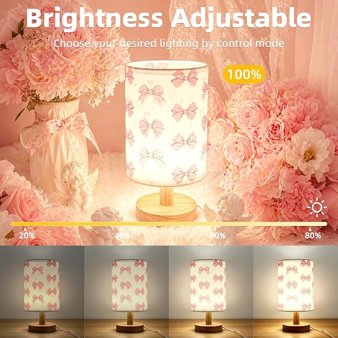 Pink Bow Kids Table Lamp,Night Light for Girls Bedrooms Bedside,3-Color Adjustable Dimming Reading Light with Linen Fabric Lampshade and Wood Base for Living Bedroom Child Room Study Home Decor