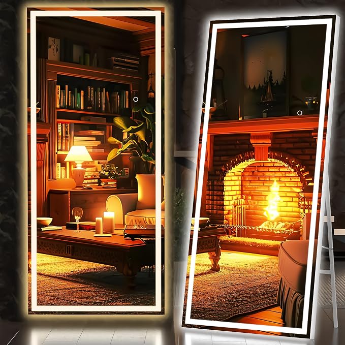 Hasipu Full Length Mirror with Lights, 71" x 27.6" LED Lighted Floor Standing, Full Body Dressing Hanging Mounted Mirror, Tempered Glass, Square White