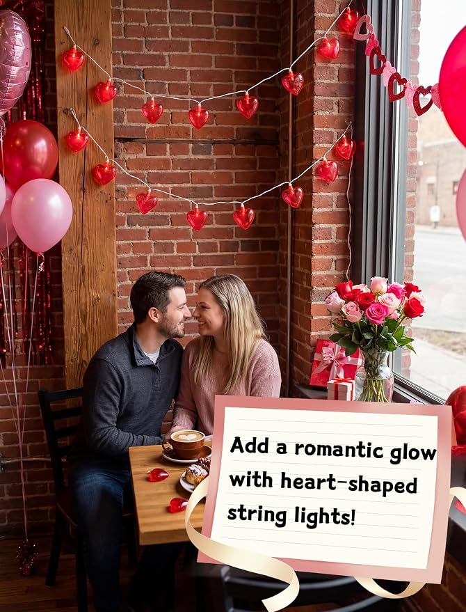 8.5Ft Heart String Lights, Valentines Day Decorations Lights with 10 Red Heart Lights, Plug in Fairy Heart Shape String Lights for Window Wedding Anniversary Bedroom Party Valentine's Day Decorations