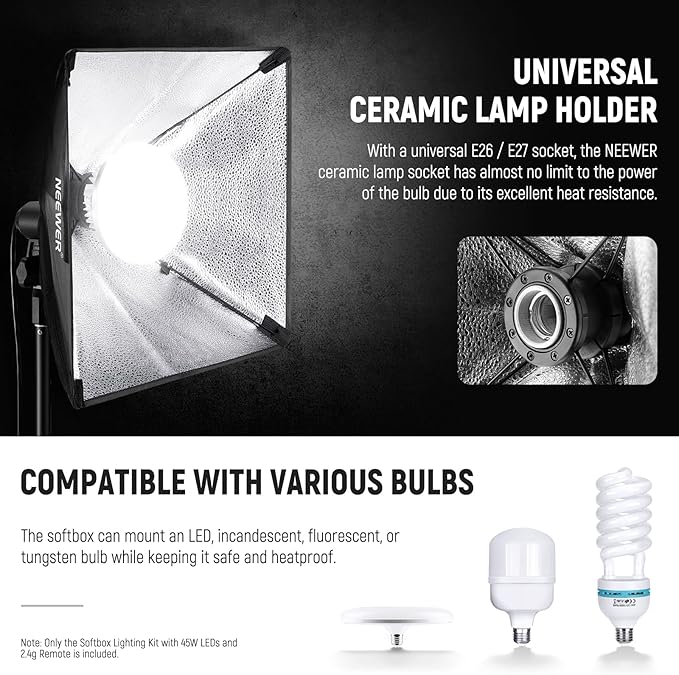NEEWER 2Pcs 24"x24" 900W Equivalent Softbox Lighting Kit with Tripod Stands, 45W Bi Color 2.4G LED Bulbs, Remote, 10 Channels 2900K-7000K 1400lx/m CRI95, Photography Continuous Lighting Kit, NK103