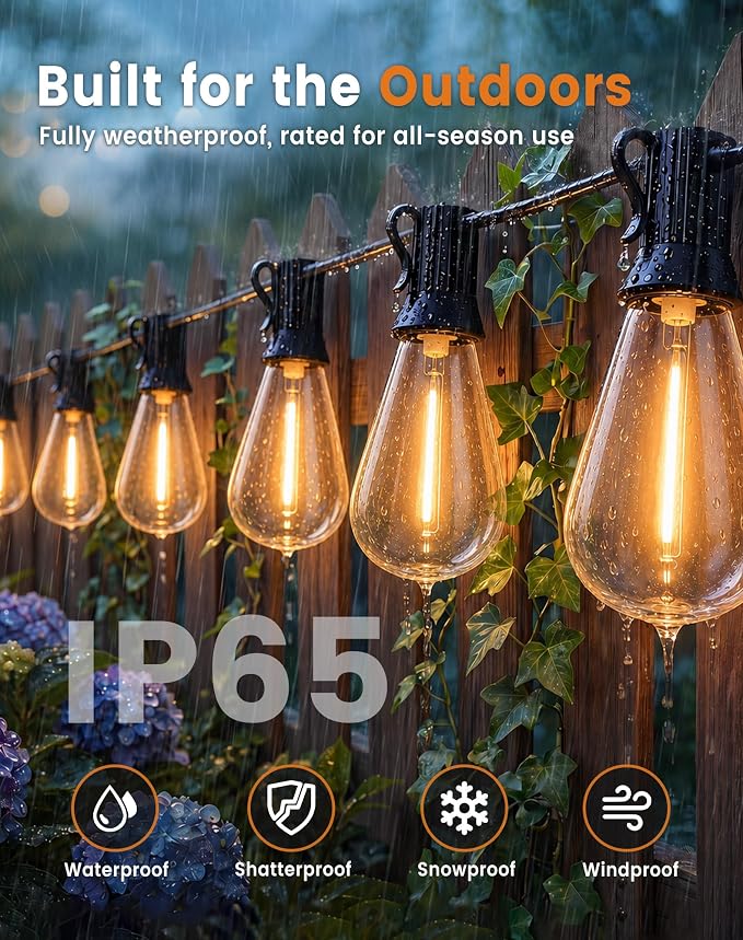 Outdoor String Lights 30FT(24+6) Waterproof, 12 LED S14 Shatterproof Edison Bulbs, 2FT Spacing, Extension Cord, Connectable Plug in Hanging Patio Lights for Outside, Backyard, Warm White