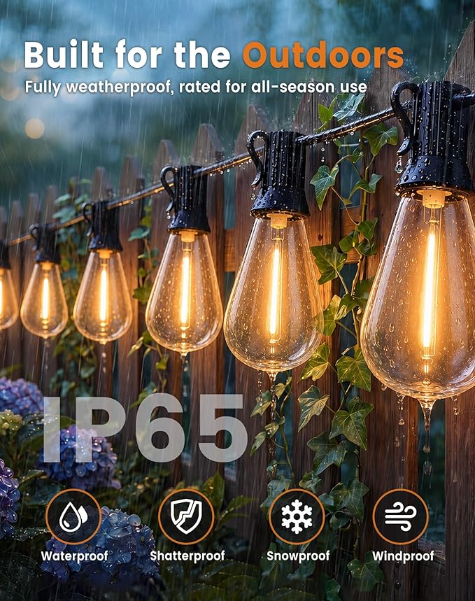 30FT(24+6) Outdoor LED String Lights with 2FT Bulb Spacing, Waterproof, Shatterproof, Dimmable, Warm White, 3 Lighting Modes, Timer, Plug in Hanging Backyard Lights for Outside, Patio