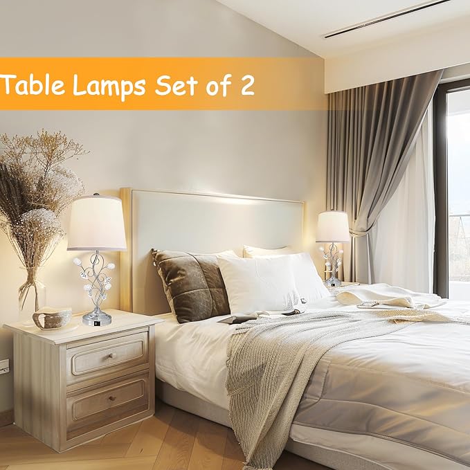 Sheetea 24.5’’ Set of 2 Table Lamps for Bedroom Living Room Bedside, Chrome | 2 USB Charging Ports, Farmhouse Rustic Style, Unique Leaf Design, Perfect for Bedrooms Nightstand End Tables Decor