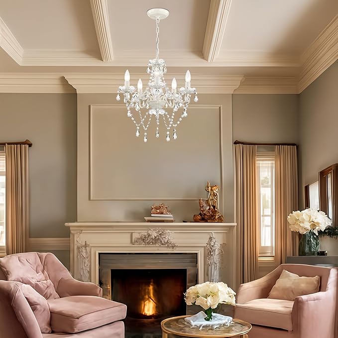 Small White 5-Light Crystal Chandelier, Modern Glass Chandelier Lighting Fixture, Small Chandelier for Bedroom, Dining Room, Living Room, Kitchen, Foyer, Girls Room Ceiling Light