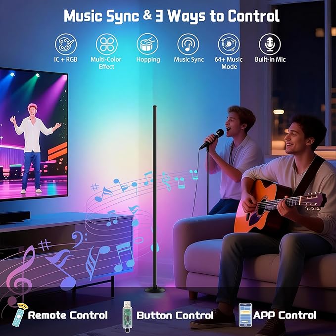 IC+RGBW Led Corner Floor Lamp USB Powered App, Remote Control, 2 Pack | App & Remote Control Color Changing, Timer, 64+ Music Modes Standing Lamps for Living Room Lamp Bedroom Gaming Room