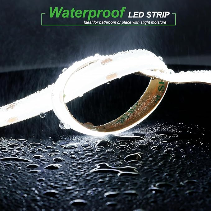 JOYLIT 12V COB White LED Strip Lights Waterproof 20FT/6M 320LEDs/M Uniform Flexible 6000K Cool White Tape Light for Cabinets, Shelves, Counters, Closets, RV Decoration (LED Strip Only)