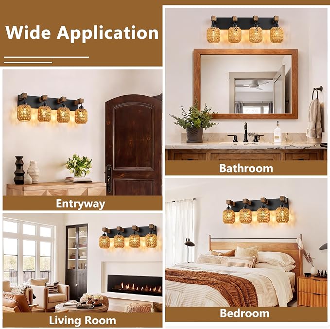 LmnLvn 4-Light Bathroom Vanity Light, Boho Farmhouse Rattan Handwoven Shade | Wood & Metal Frame, Rattan Vanity Light Design, Mounted Over Mirror, Easy To Install for Restroom, Bedroom & Hallway