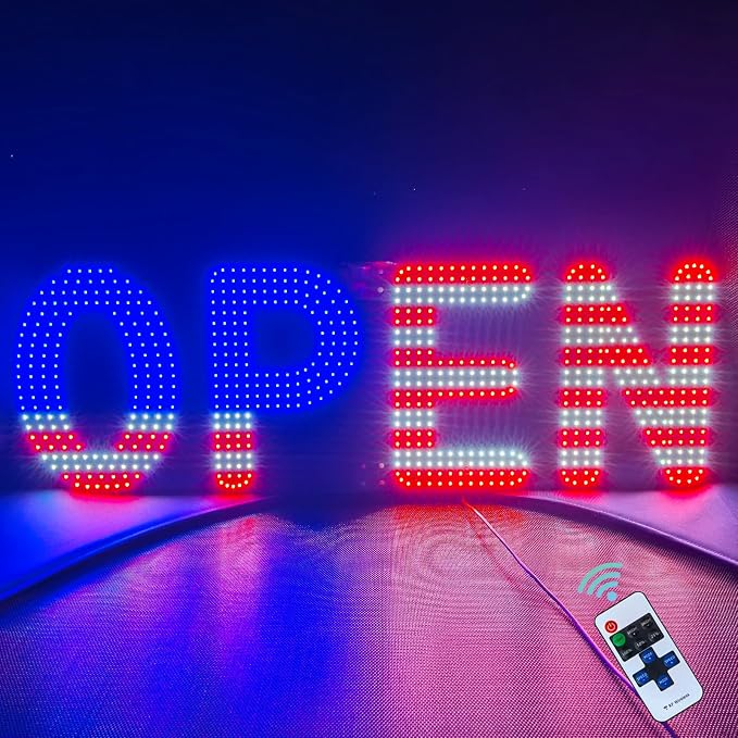 40"x14" Open Sign, LED Open Sign for Business with Remote Control, Ultra Bright Dimmable with 3 Scene Modes, Large Illuminated Sign for Storefront Window, Cafe, Bar, Restaurant, Salon (US Flag Design)