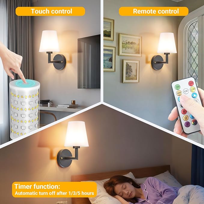 Vimhou Peel and Stick Wall Sconces, Stick On Wall Sconce Set of 2, Battery Operated Wireless Wall Light, No Drill Adhesive Wall Lamp, Corn Bulb with 10000mAh Rechargeable Battery, Bedroom Wall Decor