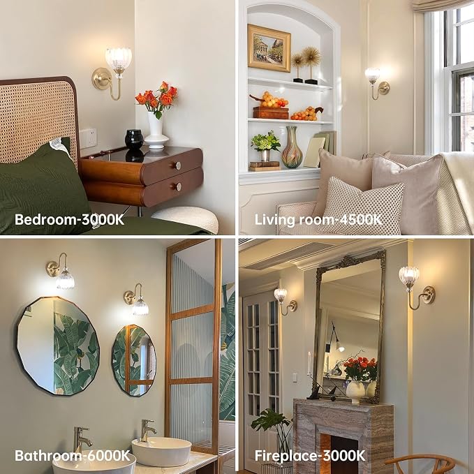 Set of 2 Vintage Battery Operated Wall Sconce, Rechargeable Wall Lamp with 5000mAh Battery & Remote Control, Dimmable Wall Lights with tulip shade for Bedroom Living Room(Tulip Transparent Up)