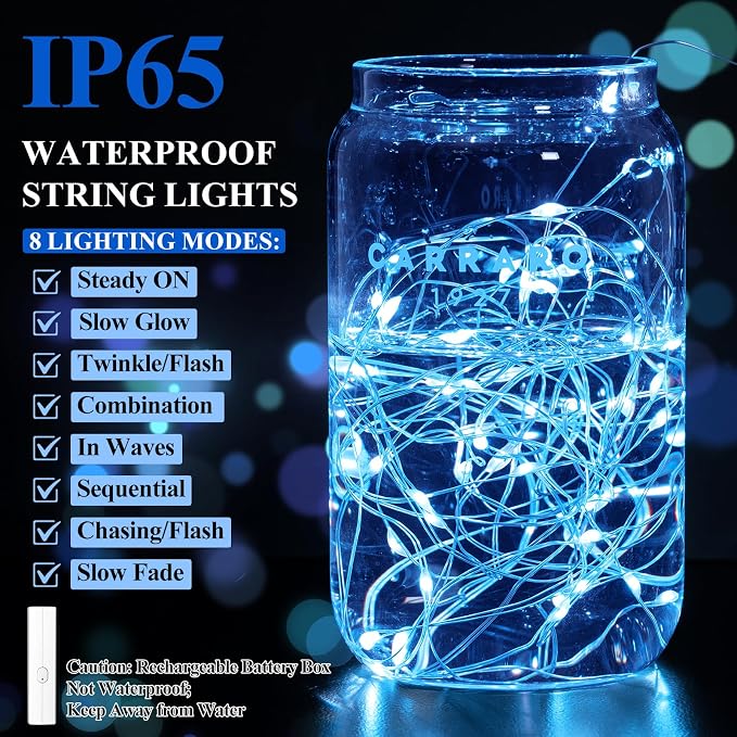 16FT(5M) Blue Fairy Lights, Rechargeable Battery Operated Mini LED String Lights with Timer, 8 Modes Waterproof Twinkle Lights for Bedroom Christmas Xmas Tree Wedding Centerpiece Table Decor