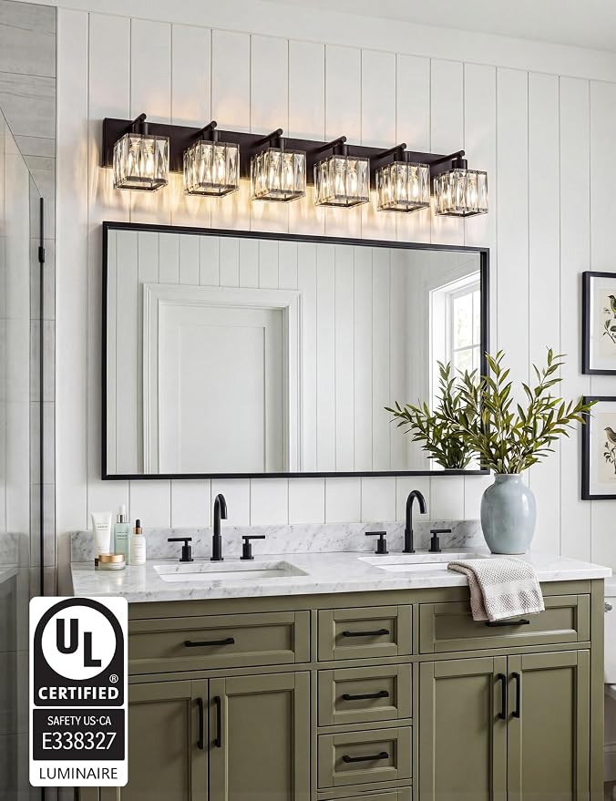 VOLISUN Black Bathroom Light Fixtures, Modern Bathroom Lighting Fixtures Over Mirror, 6 Light Bathrooms Vanity Light, Crystal Vanity Light for Bathrooms-UL Certificated(Exclude Bulb)