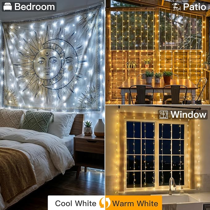 Color Changing Curtain Lights, 200 Led Hanging Lights Outdoor, Fairy Curtain Lights Indoor for Christmas, Dorm, Wall, Backdrop, Window, Wedding, Party, Birthday Decor, Warm White & White