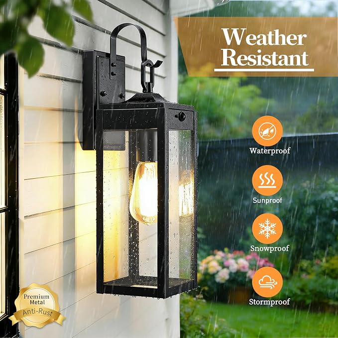 18'' Large Motion Sensor Outdoor Lights, Dusk to Dawn Porch Light | 2 Packs Exterior Lighting Fixtures, Modern Black Outdoor Sconces for House, Outside Farmhouse Wall Lanterns for Garage