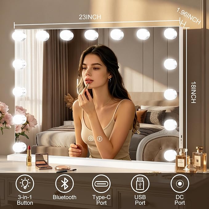 Moonee Vanity Mirror with Lights, Bluetooth Hollywood Lighted Makeup Mirror with 15 Dimmable Bulbs and 10X Magnification, 3 Colors Modes, Light Up Mirror, Gifts for Women, Girls（23" x 18"）