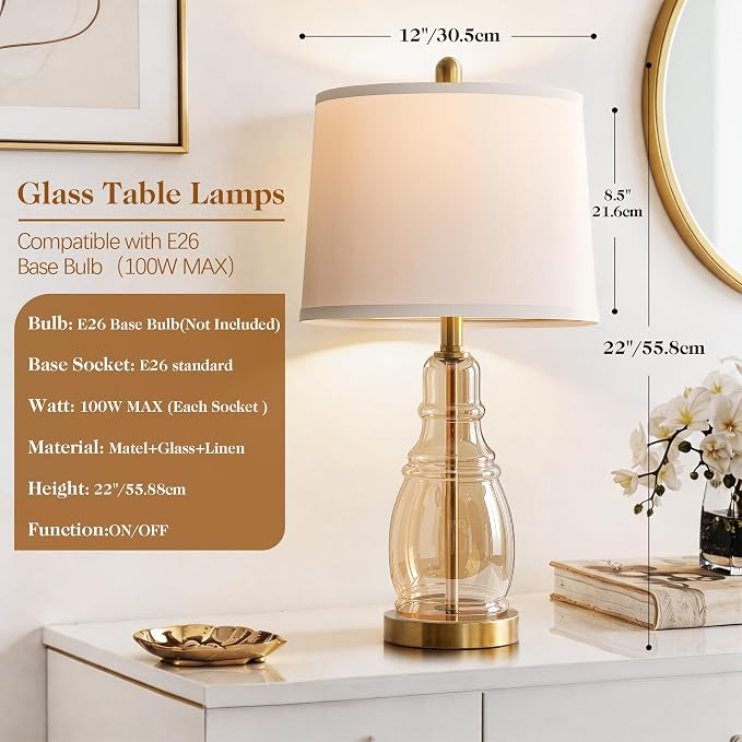 ROTTOGOON Glass Table Lamp Set of 2, Modern Table Lamps for Living Room Bedroom, Bedside Desk Lamps Vintage Nightstand Lamps with Linen Shades, 22", Champagne
