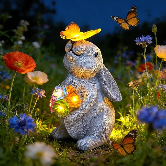 Brightown-Solar-Rabbit-Garden-Decor-Statue with 6 LED Lights, Hand-Painted Resin, IP65 Waterproof Outdoor Decor for Patio, Lawn & Yard Decorations, Unique Mothers Day Gifts for Mom Women