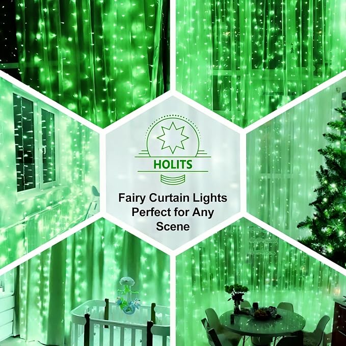 300 LED Fairy Curtain Lights, 9.8 x 9.8FT Green USB Plug in 8 Modes Hanging Lights with Remote for Christmas, Bedroom, Indoor, Outdoor, Weddings, Party (Green)