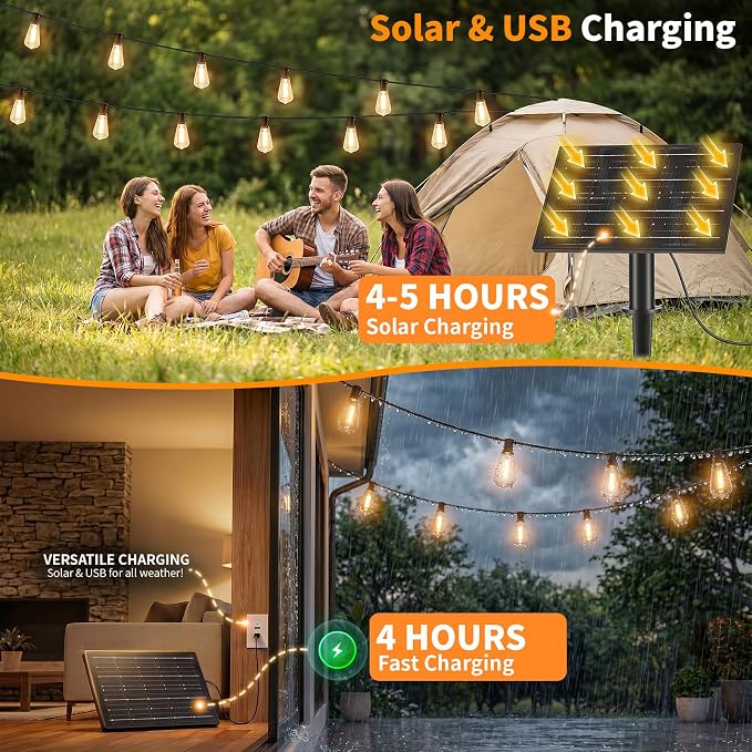 Hotsonic Solar Outdoor String Lights Waterproof, 100FT Remote Control LED Outside Lights with Shatterproof Bulbs, Dimmable Hanging Lights for Patio Porch Garden pergola Yard House Bistro Party Decors