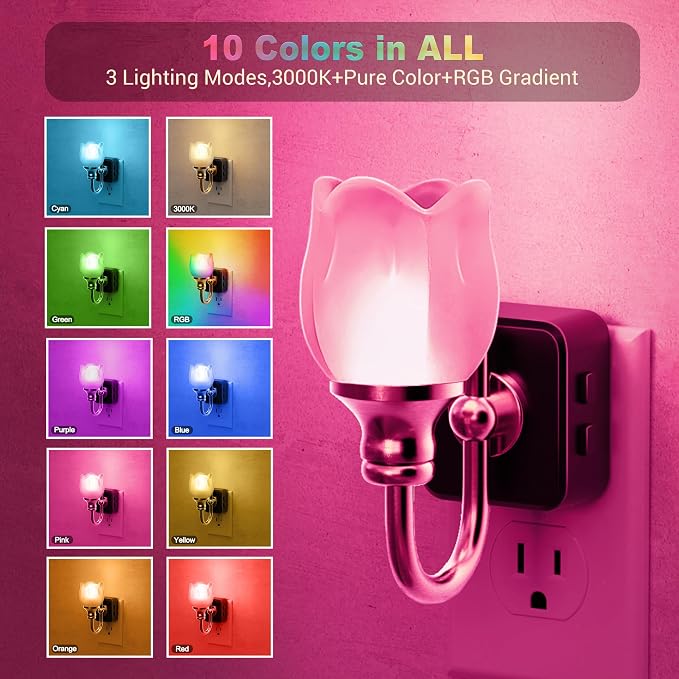 JandCase Night Light, Color Changing Night Lights Plug into Wall RGB | Glass Tulip LED Nightlight, Dimmable Flower Nightlights, Dusk to Dawn Sensor, 180° Rotating Vintage Nite Light for Bathroom