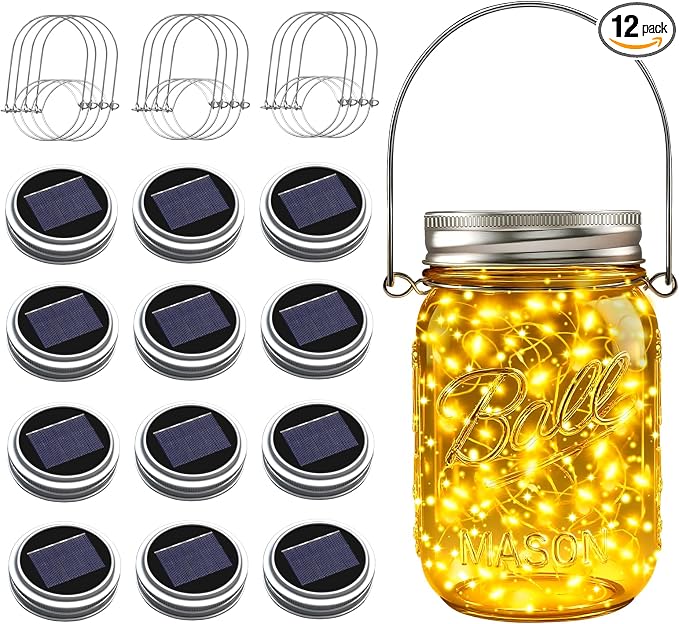 Mason Jar Solar Lights for Outside, 12 Pack 30 LED(NO JARS) Fairy Firefly Lights Mason Jar Solar Lids Outdoor Waterproof String Lights with Hangers for Patio Garden Yard Lawn Decor - Warm White