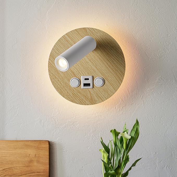 Modern Minimalist LED Wall Sconce,Hardwired 2-Light Reading Backlight,Dual Light Control (3W/240lm+6W/480lm), Swing Arm Wall Light Fixtures for Bedroom/Bedside（Wood Grain）
