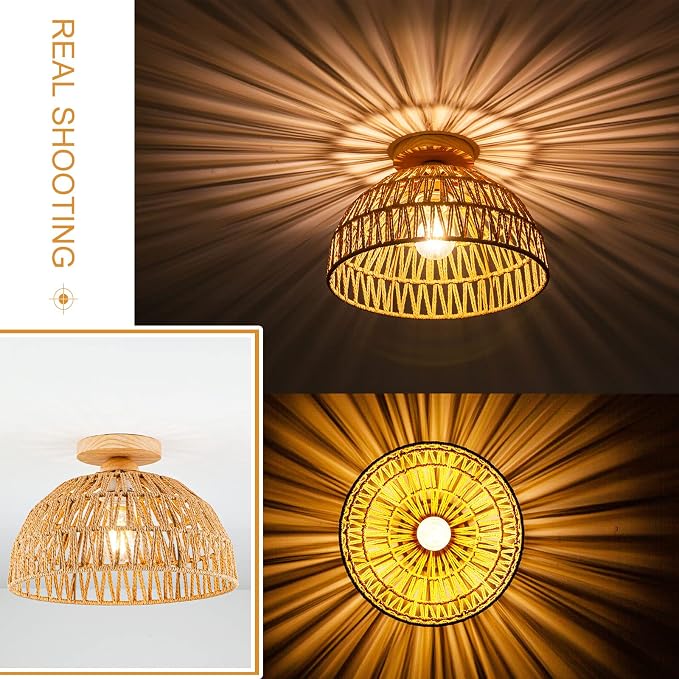 Boho Rattan Ceiling Light Fixtures Boho Lamp Shade Flush Mount Ceiling Light Hand-Woven Small Chandelier Wooden Base Chandelier Light for Hallway Bedroom Kitchen Nursery