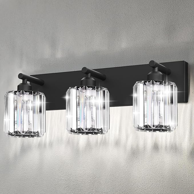 Black Crystal Bathroom Vanity Light, 3-Light Modern Bathroom Lighting Fixtures Over Mirror, Matte Black Wall Sconce Light Fixtures with Round Shade