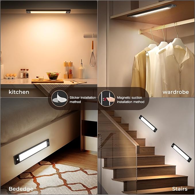 VST 2 Pack Wireless Rechargeable Cabinet Lights Motion Sensor | 3 Color Temperature Dimmable Aluminum Magnetic Night Light with 1800mAh Battery for Kitchen,Closet,Pantry,Hallway,Stair