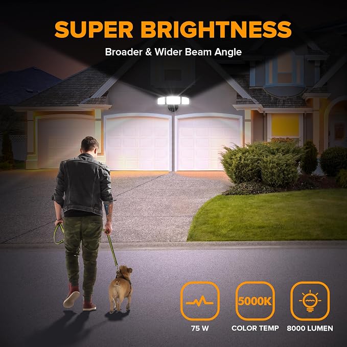 LUTEC 75W 8000 Lumen Floods Light Outdoor, Switch Controlled LED Security Lights with 3 Adjustable Heads, 5000K Daylight, IP65 Waterproof Exterior Flood Light for Garage, Yard, Patio (Black) - 2 Pack