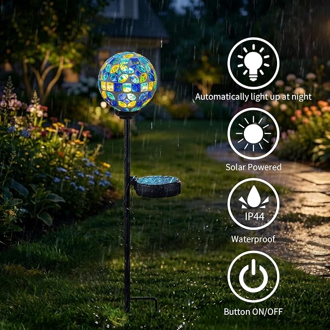 VCUTEKA Decorative Solar Garden Lights, 3.5" Mosaic Globe Outdoor Stake | Mosaic Glass Globe Design, Solar LED Light, Waterproof Design, Auto On/Off and Metal Stake Design for Lawn and Patio