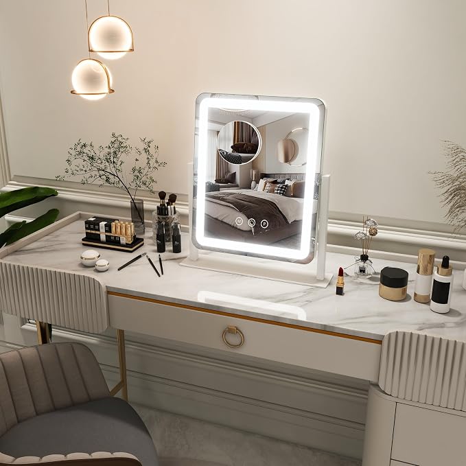 FENNIO Vanity Mirror with Lights - 15"x12.6" LED Lighted Makeup Mirror, Large Makeup Mirror with Lights, Touch Screen with 3-Color Lighting, Dimmable, for Vanity Desk Tabletop, Bedroom