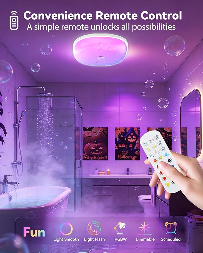 Gotopceed IP65 Waterproof Rechargeable Shower Light - 6″ 300LM Bright, 16 Colors Bathroom Mood Lighting with Touch & Remote, Magnetic Wireless Ceiling/Wall Light for Inside Shower/Bathtub